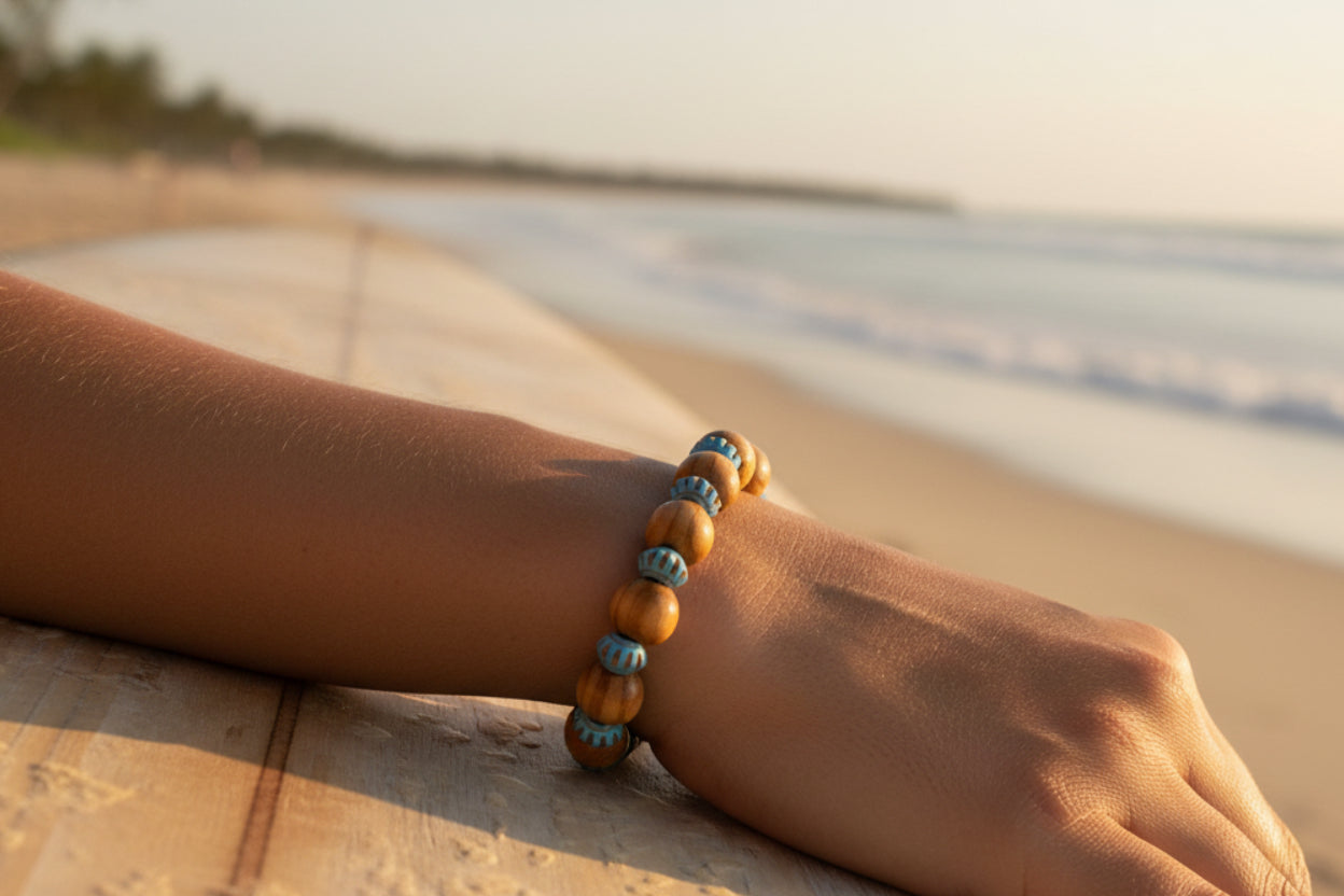 Light Brown Wood & Blue Glass Beaded Bracelet