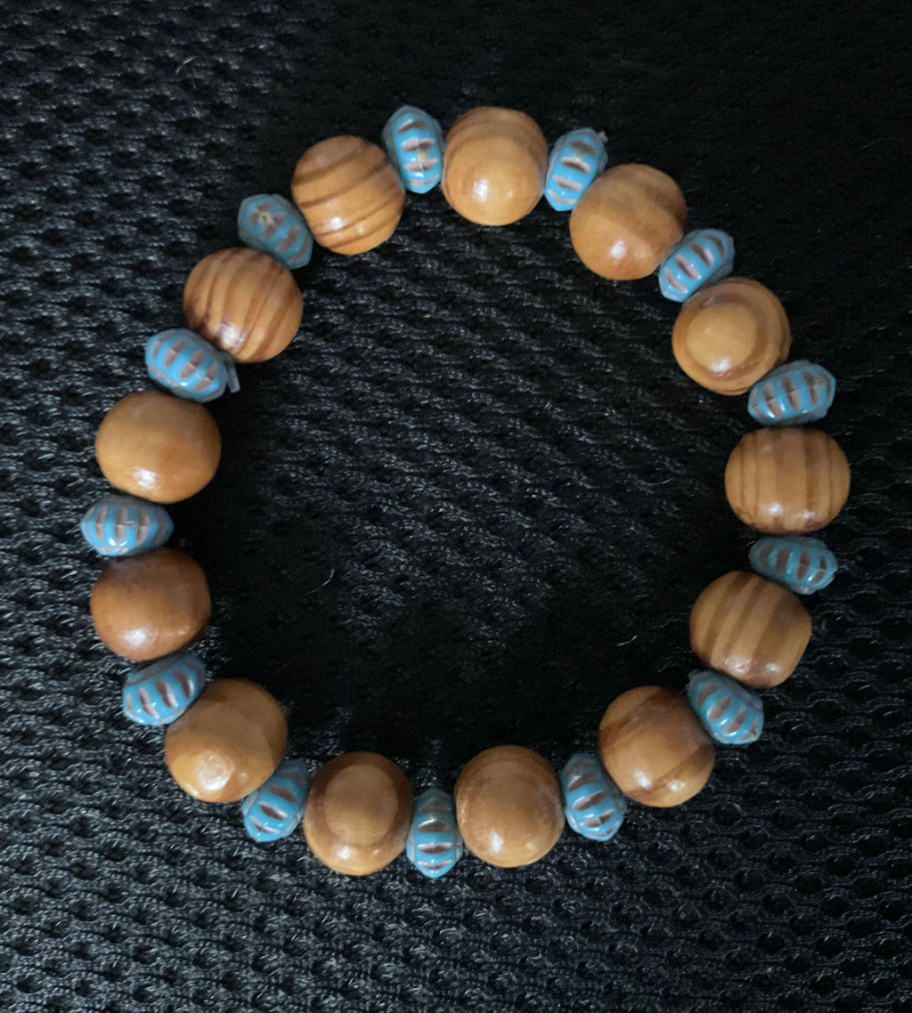 Light Brown Wood & Blue Glass Beaded Bracelet