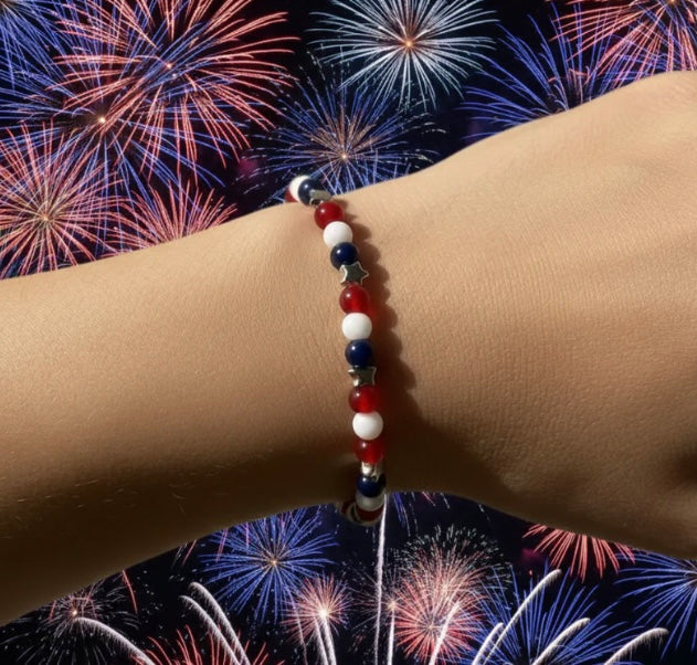 Red White & Blue Glass Bead Bracelet with Silver Star Spacers