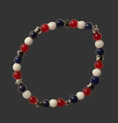 Red White & Blue Glass Bead Bracelet with Silver Star Spacers
