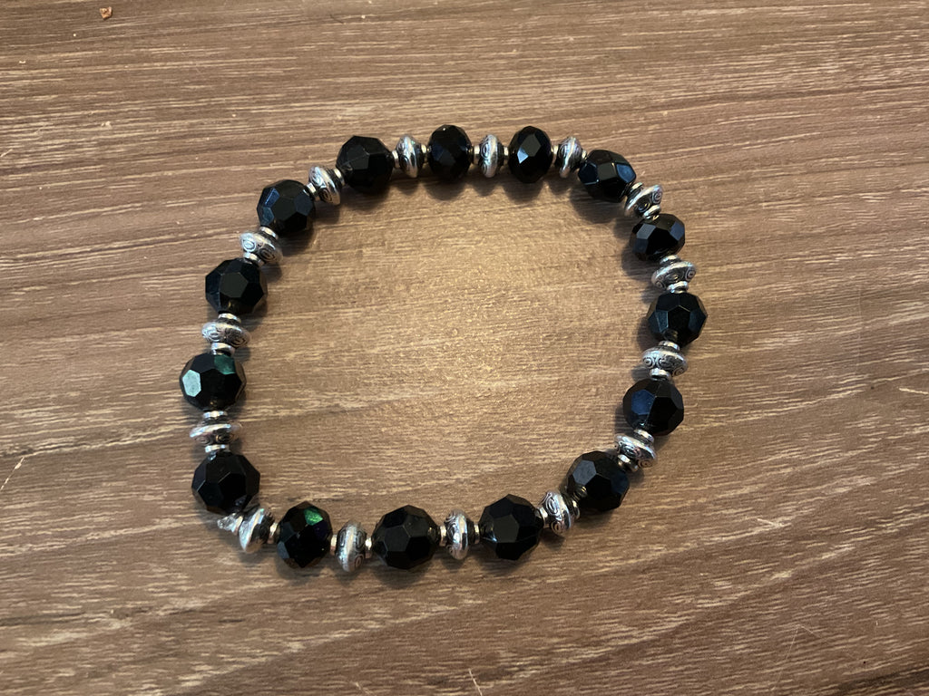 Black Glass Bead Bracelet with Silver Spacers