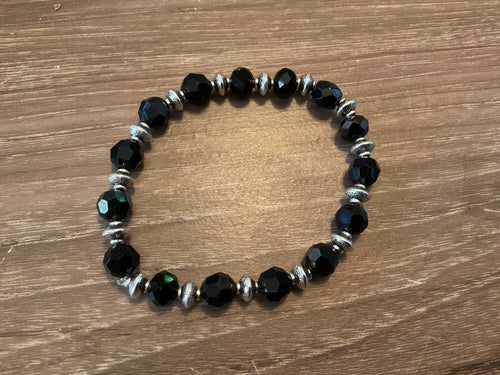 Black Glass Bead Bracelet with Silver Spacers