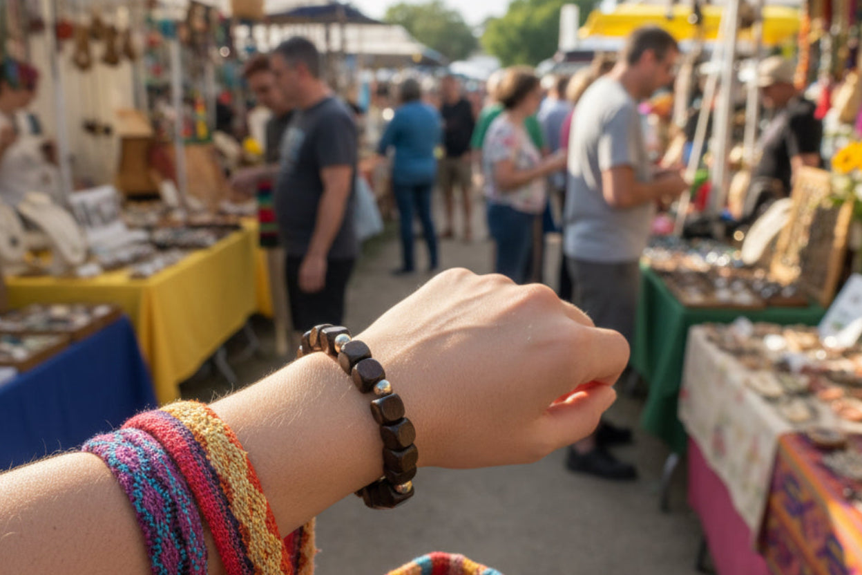Dark Brown Square Wood Bead Bracelet with Gold Spacers – Small
