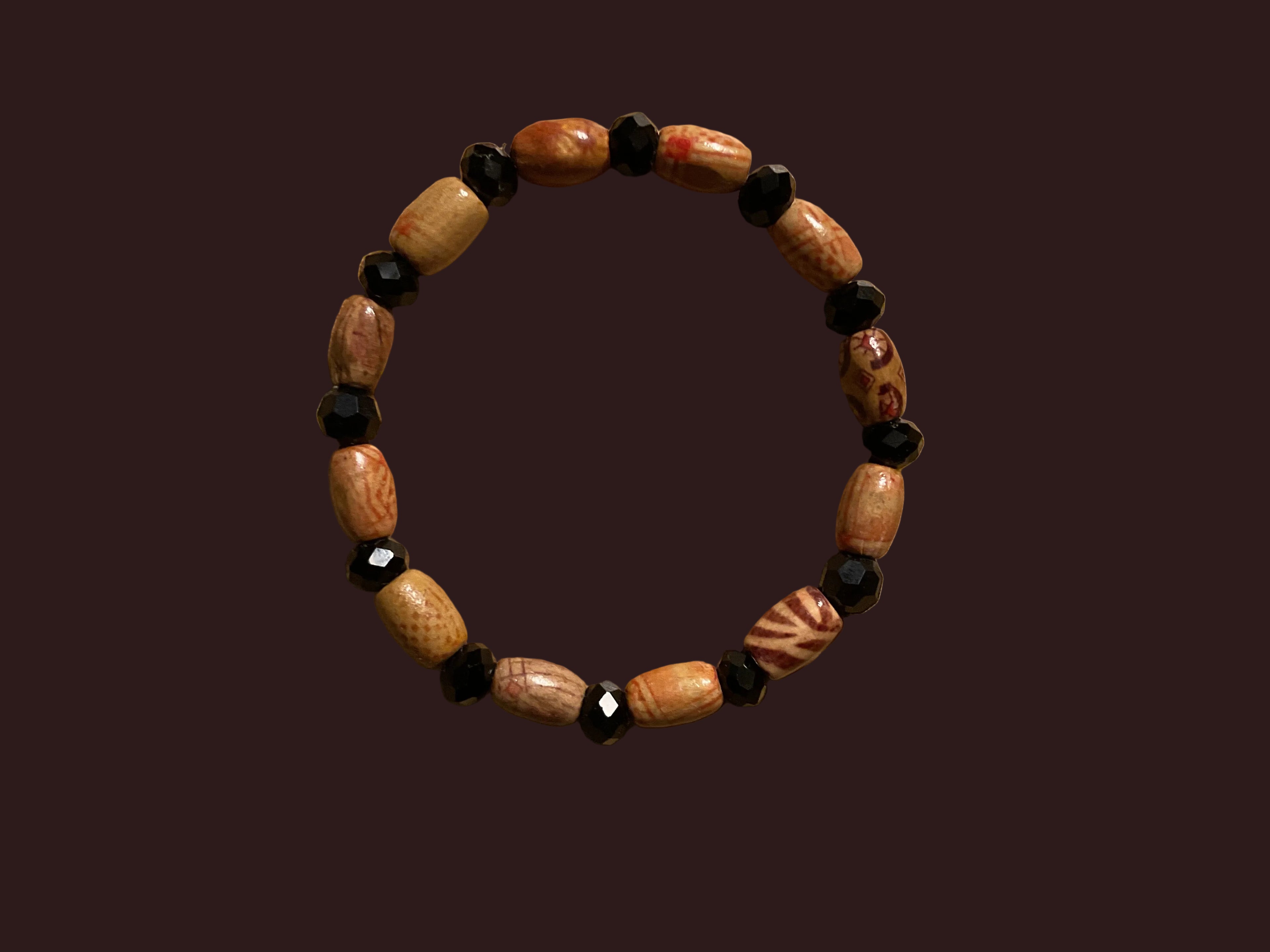 Wood Design Bead & Black Crystal Glass Slip-On Bracelet