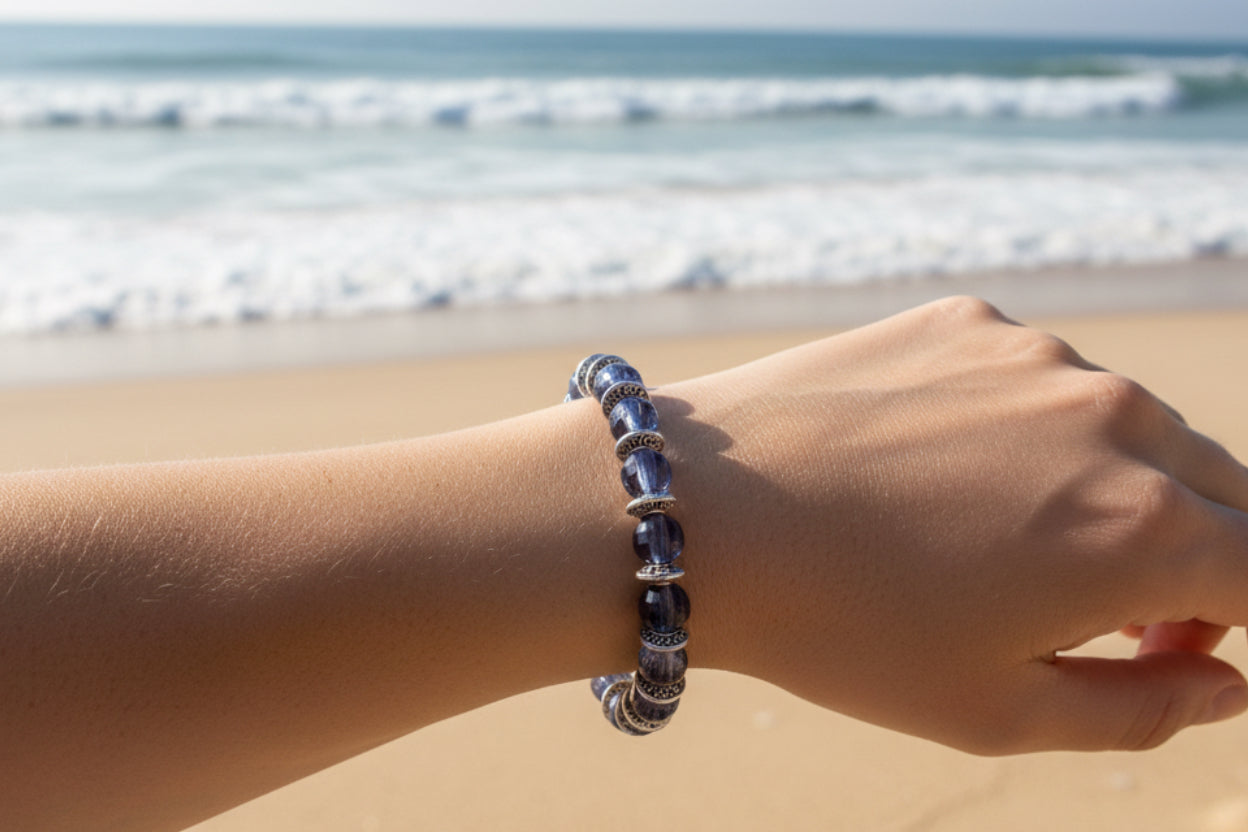 Bluish Gray Round Glass Beads & Silver Disc Bracelet