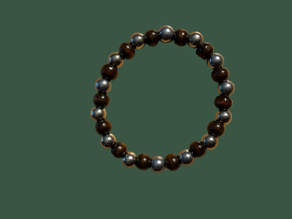 Dark Brown Wood & Silver Metal Bead Slip-On Bracelet