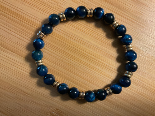 Blue Tiger Eye Round Glass Bead Bracelet with Gold Spacers