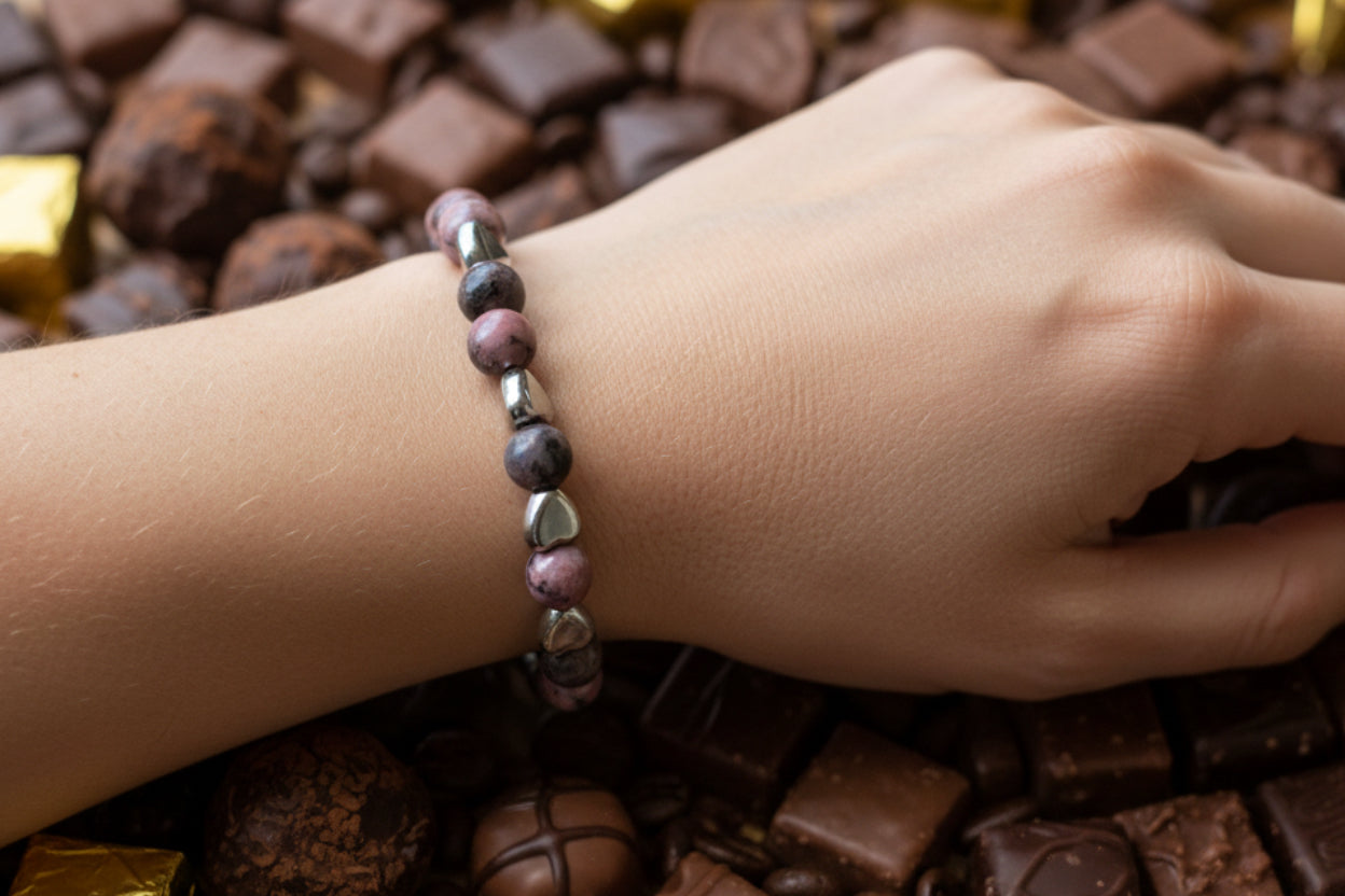 Mauve & Black Glass Bead Bracelet with Silver Heart Spacers