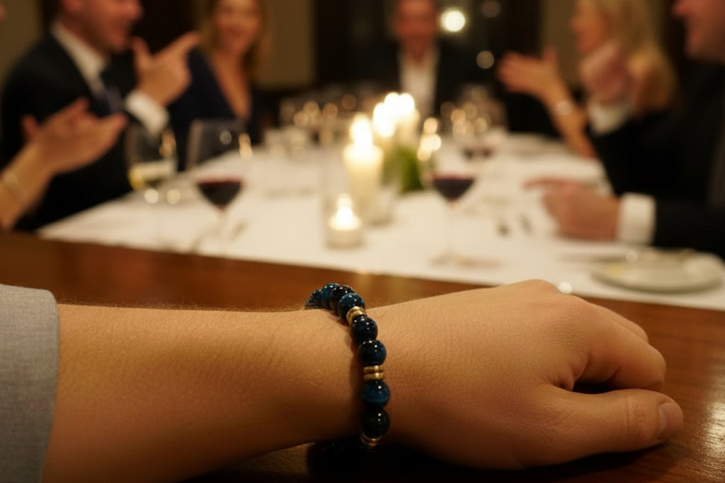 Blue Tiger Eye Round Glass Bead Bracelet with Gold Spacers