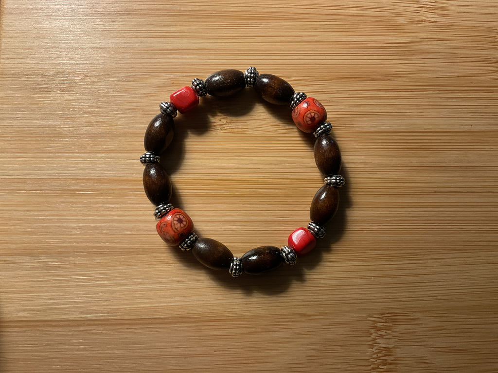 Dark Brown & Red Wood Bead Slip-On Bracelet