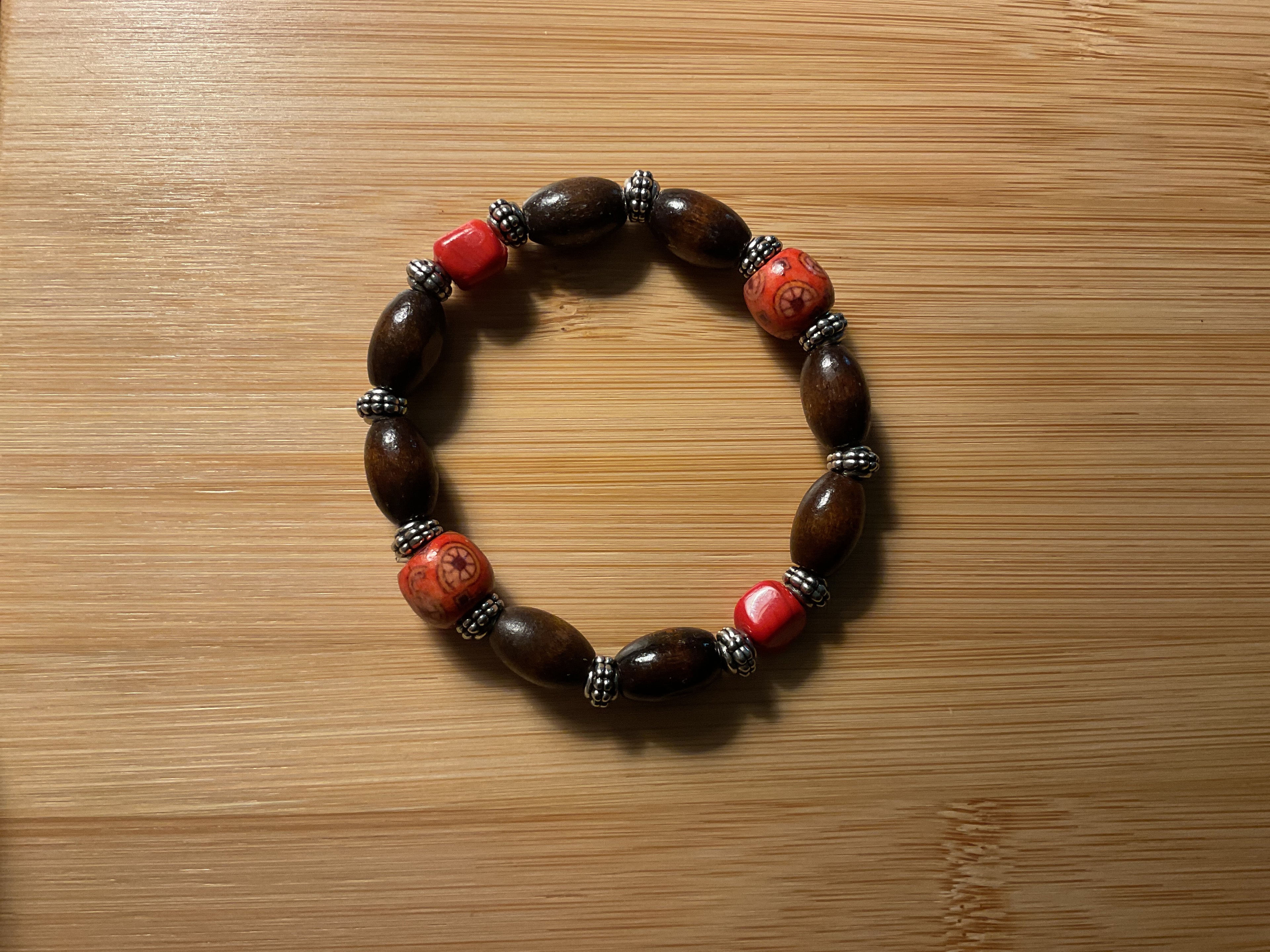 Dark Brown & Red Wood Bead Slip-On Bracelet