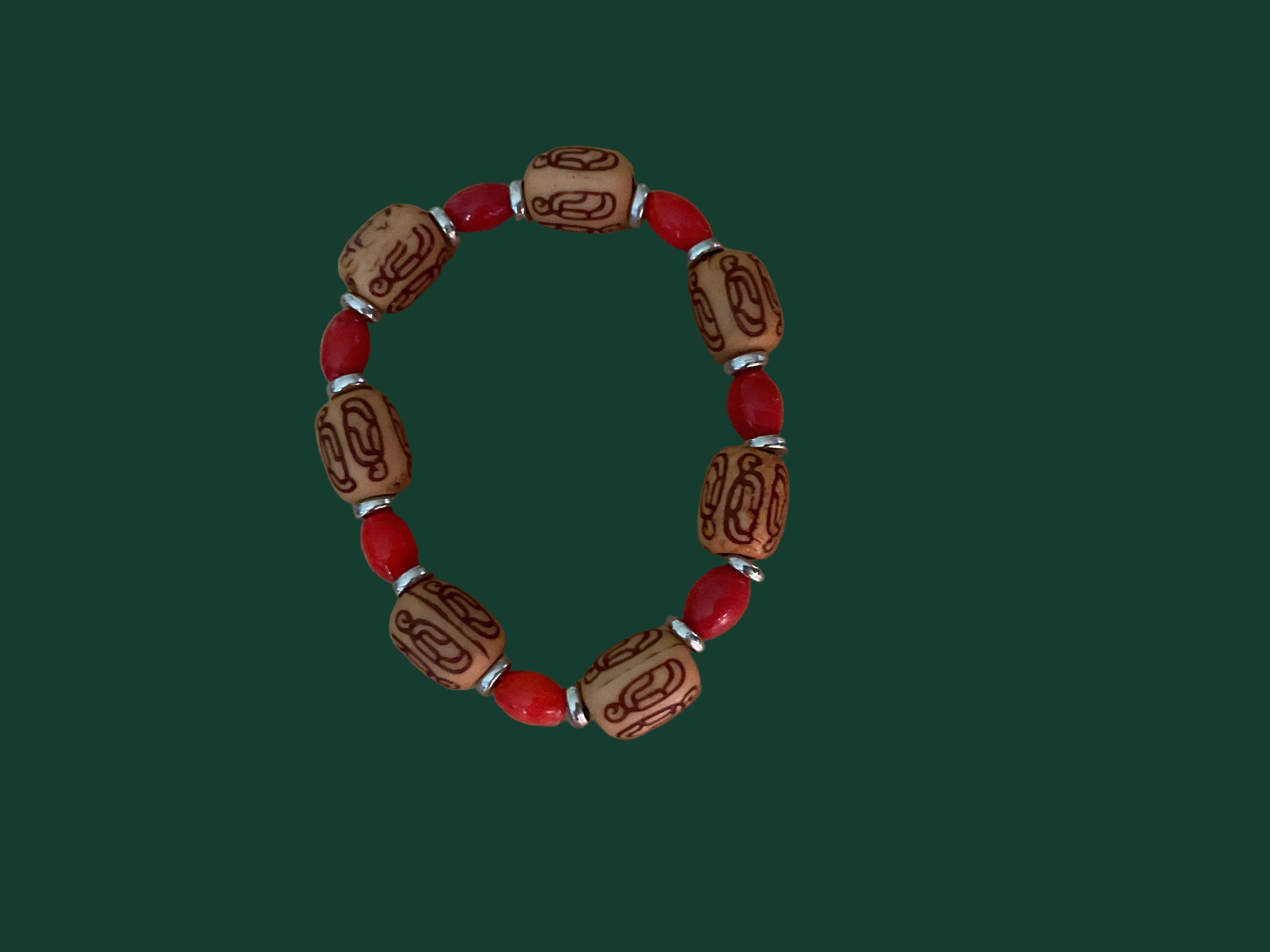 Light Brown Wood Bead Bracelet with Red Glass Beads & Silver Spacers