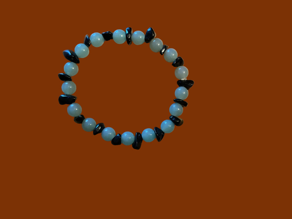 Cloudy Green Glass & Black Rock Chip Bracelet