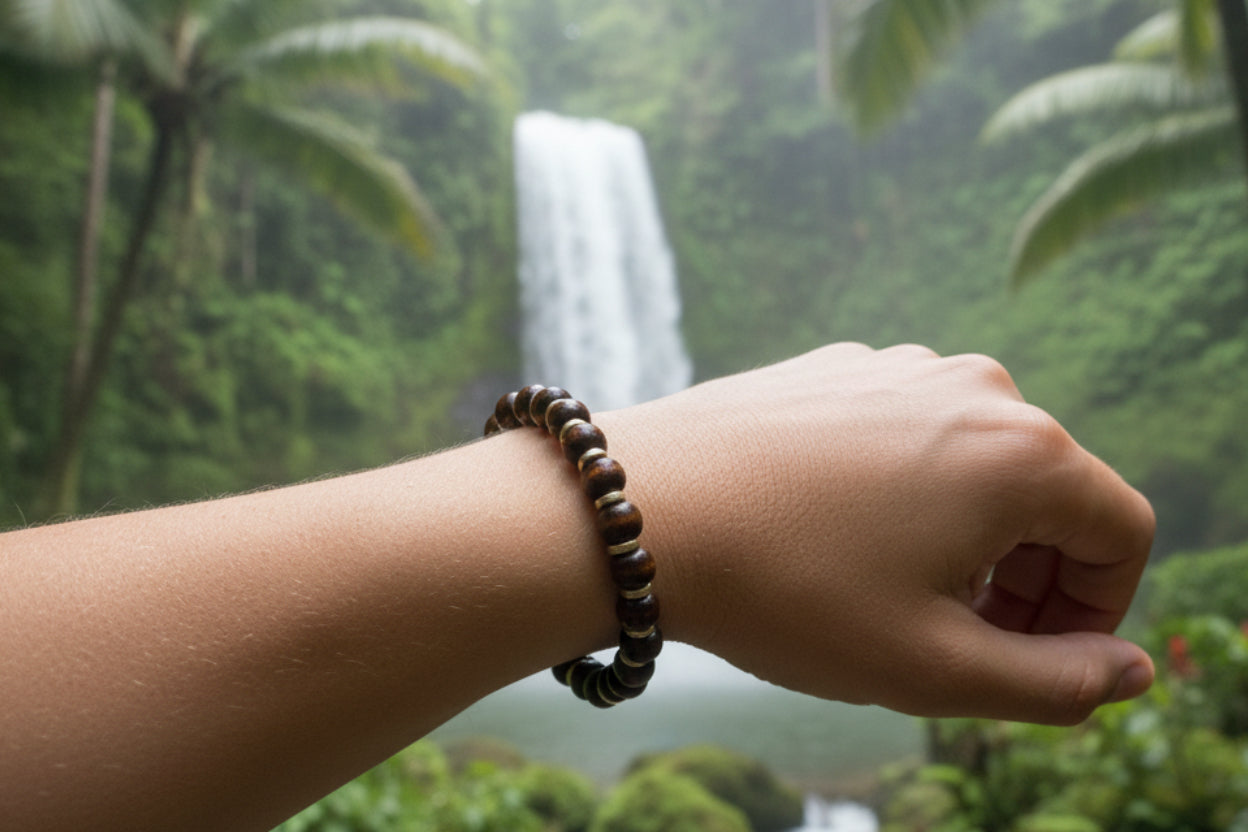 Dark Brown Round Bead Bracelet with Gold Color Spacers