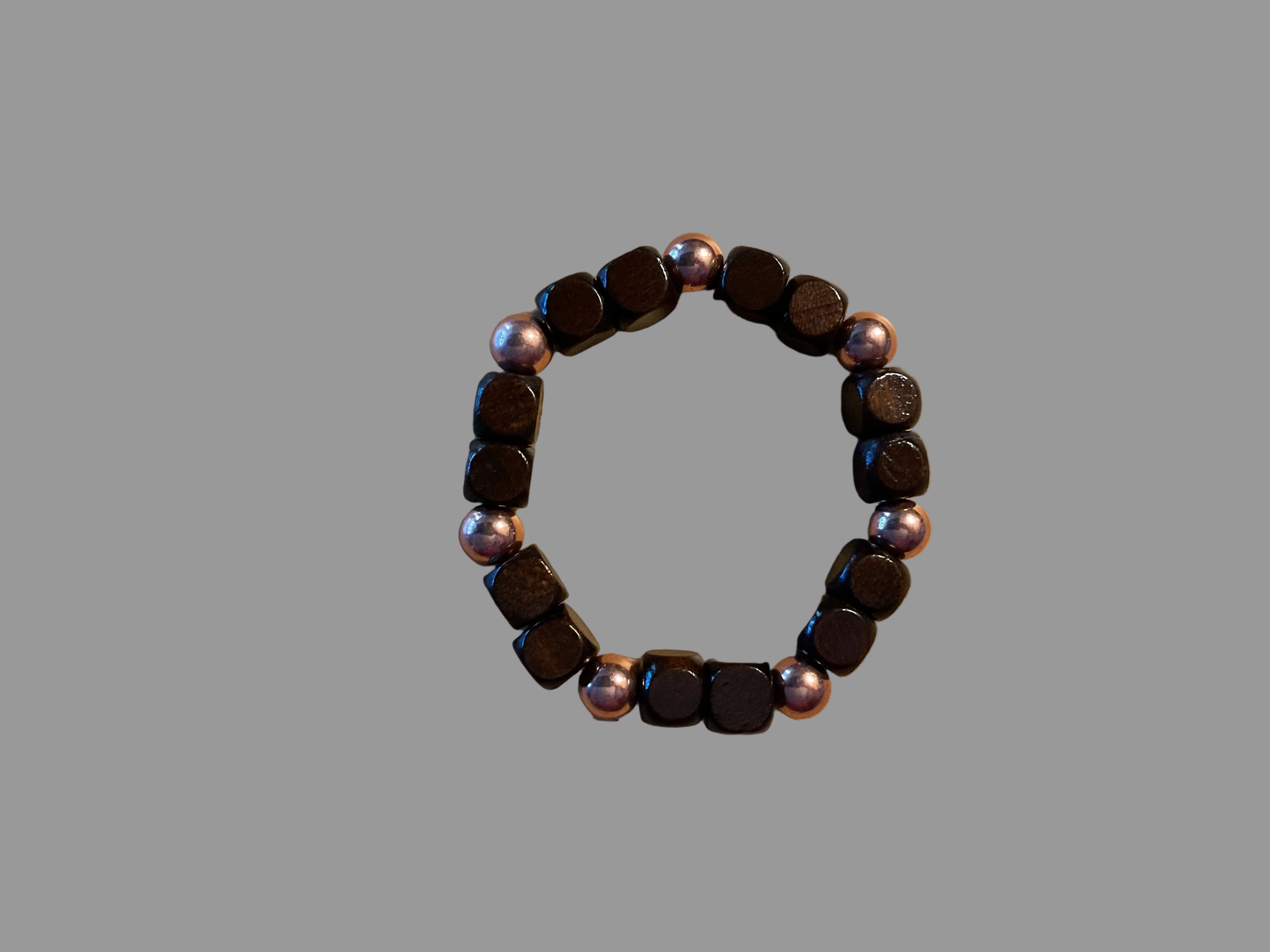 Dark Brown Square Wood & Brass Bead Slip-On Bracelet