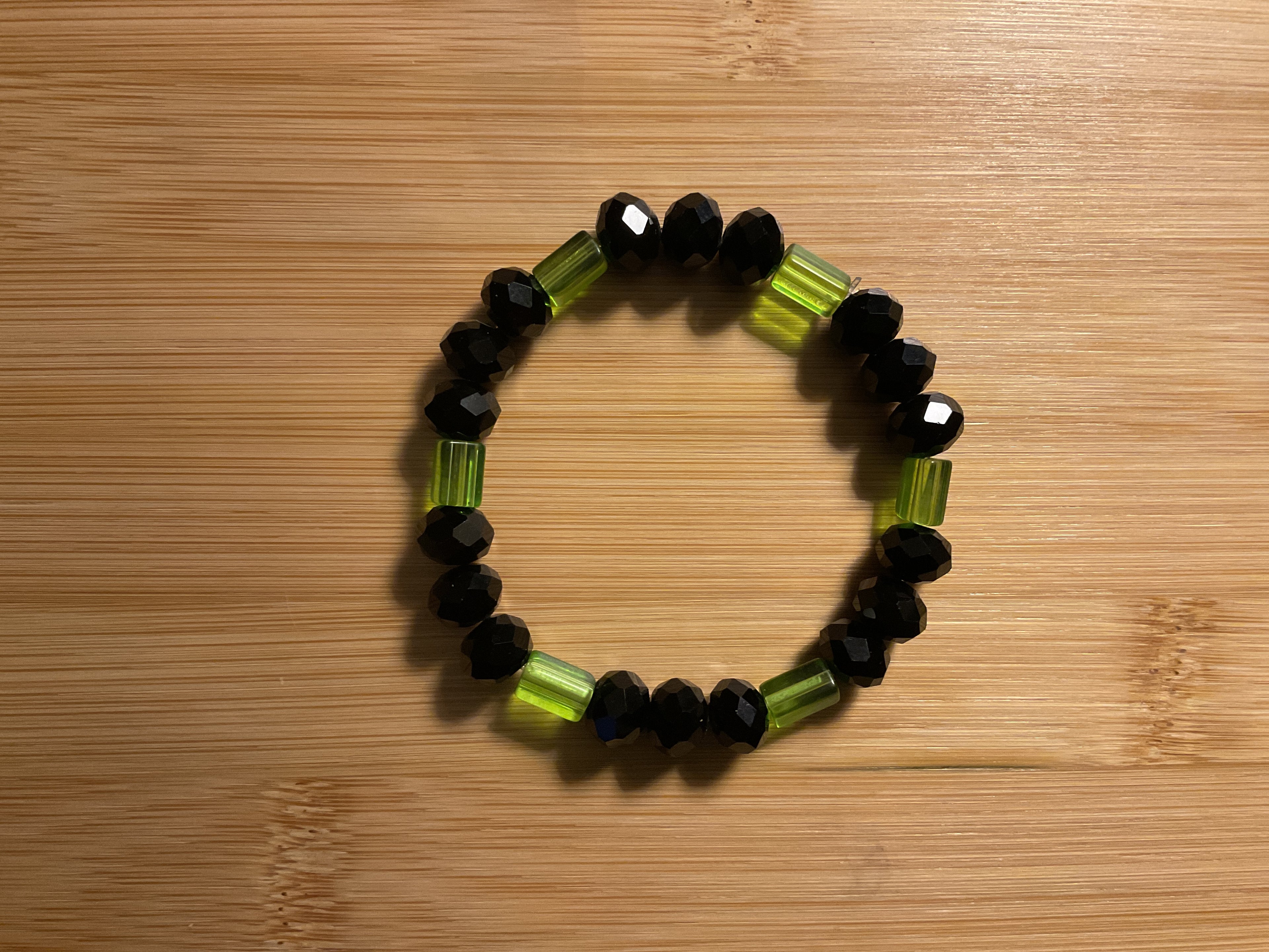 Black Crystal & Light Green Glass Bead Bracelet
