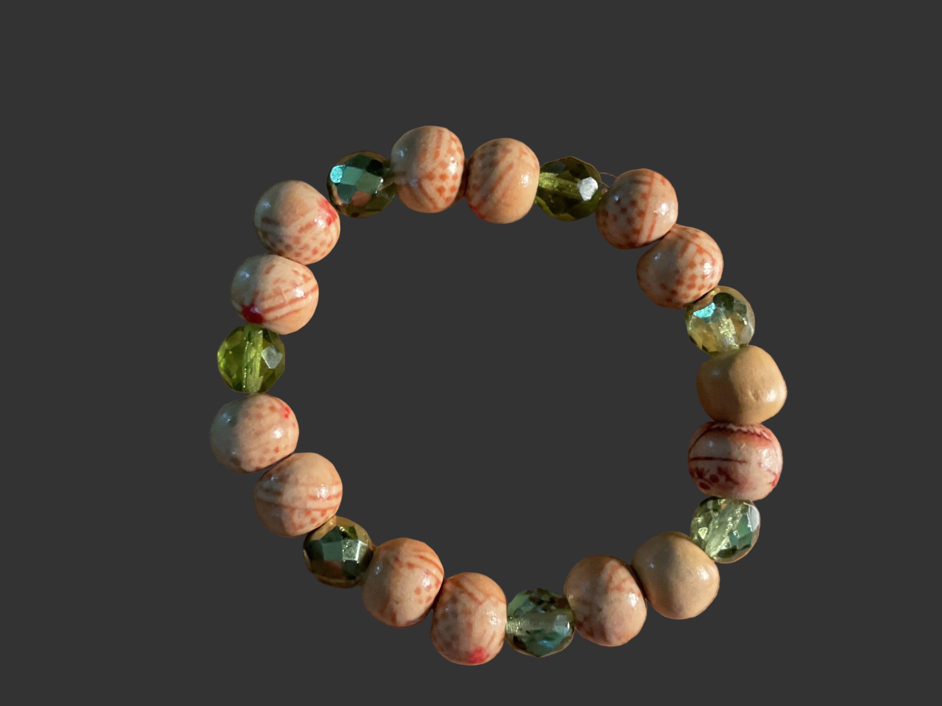 Light Brown Wood & Metallic Green Glass Bead Bracelet