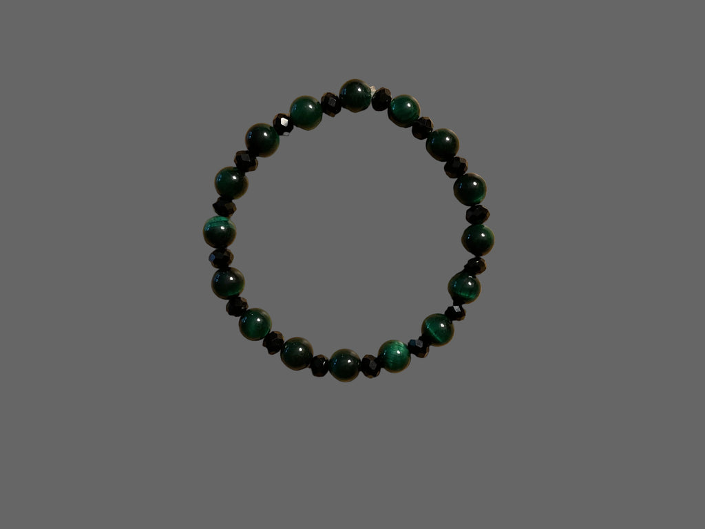 Tiger Eye Green & Black Crystal Glass Bead Slip-On Bracelet