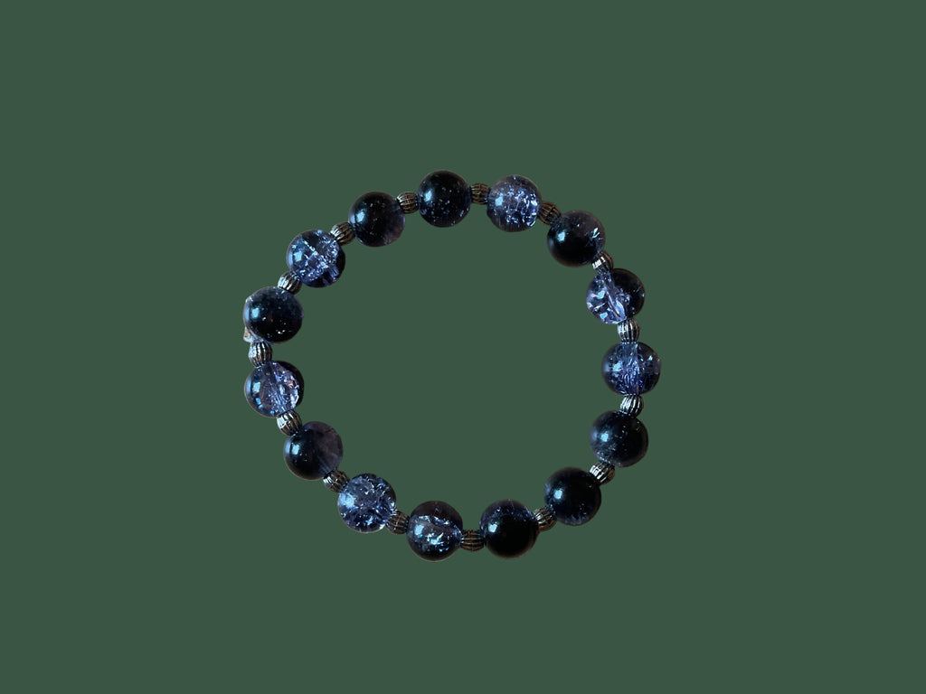 Purple & Black Crystal Glass Bead Bracelet with Silver Spacers