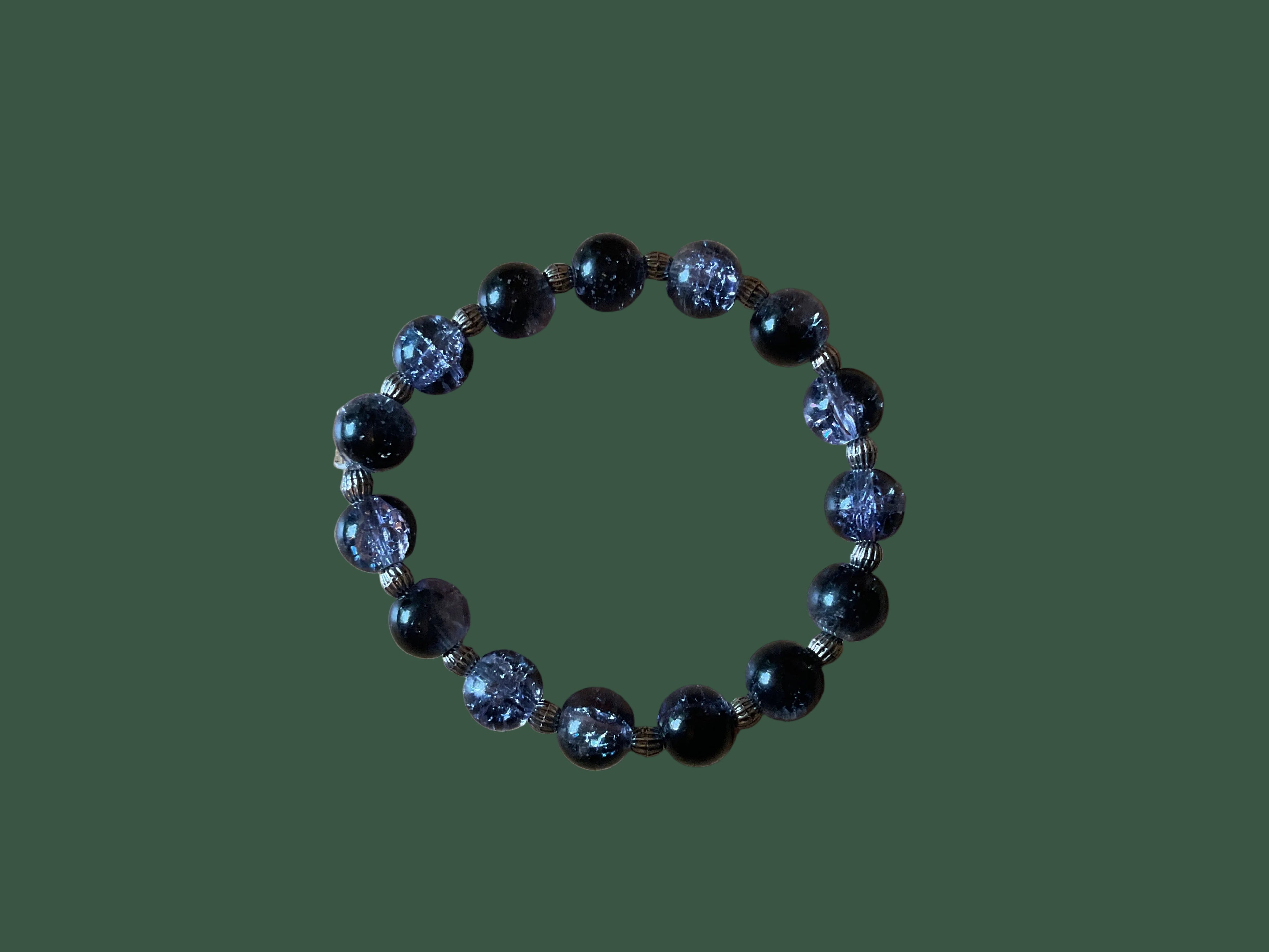 Purple & Black Crystal Glass Bead Bracelet with Silver Spacers