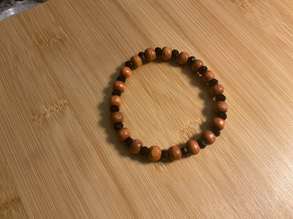 Light Brown Wood Bead & Black Crystal Glass Bead Bracelet