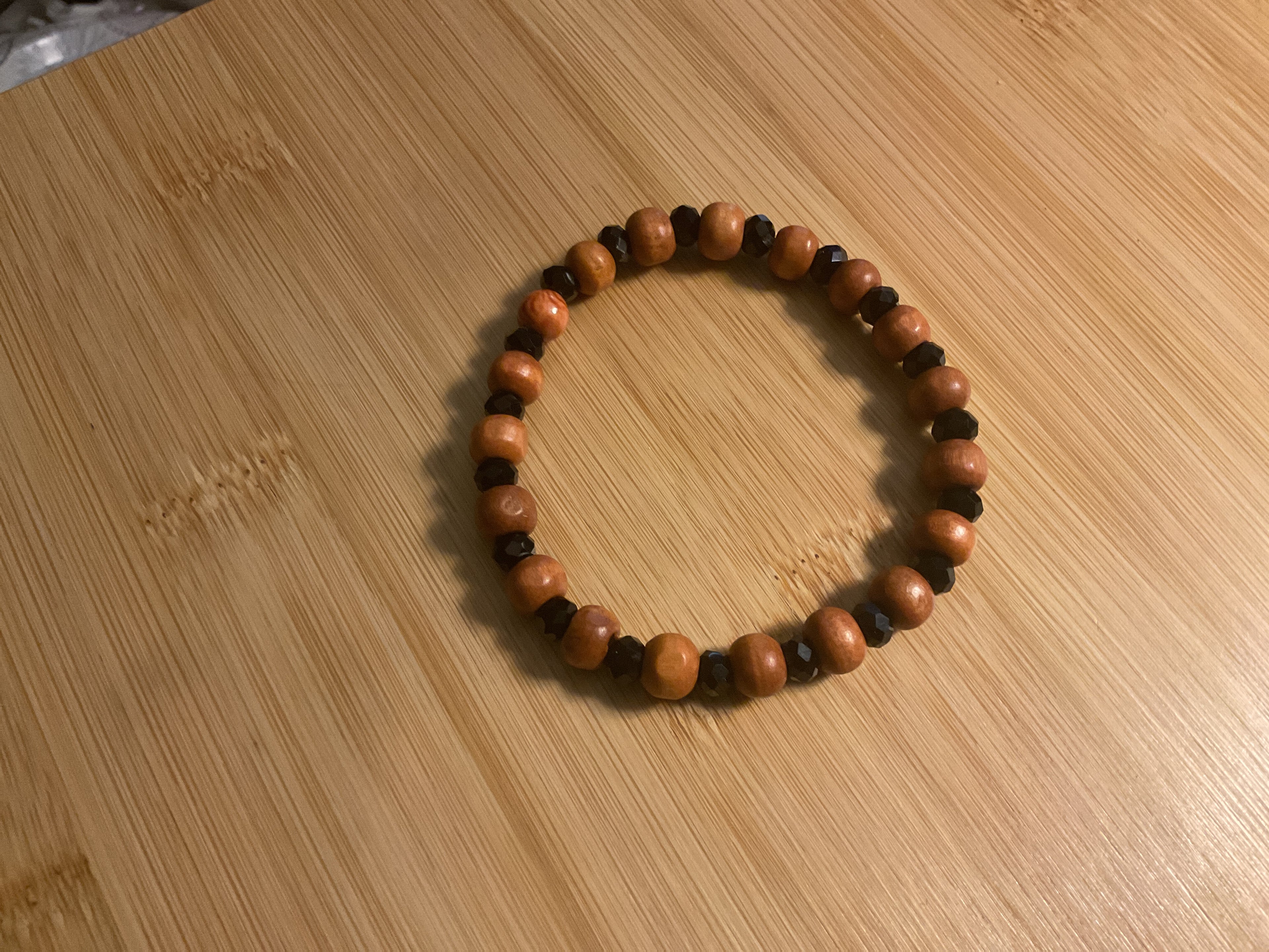 Light Brown Wood Bead & Black Crystal Glass Bead Bracelet