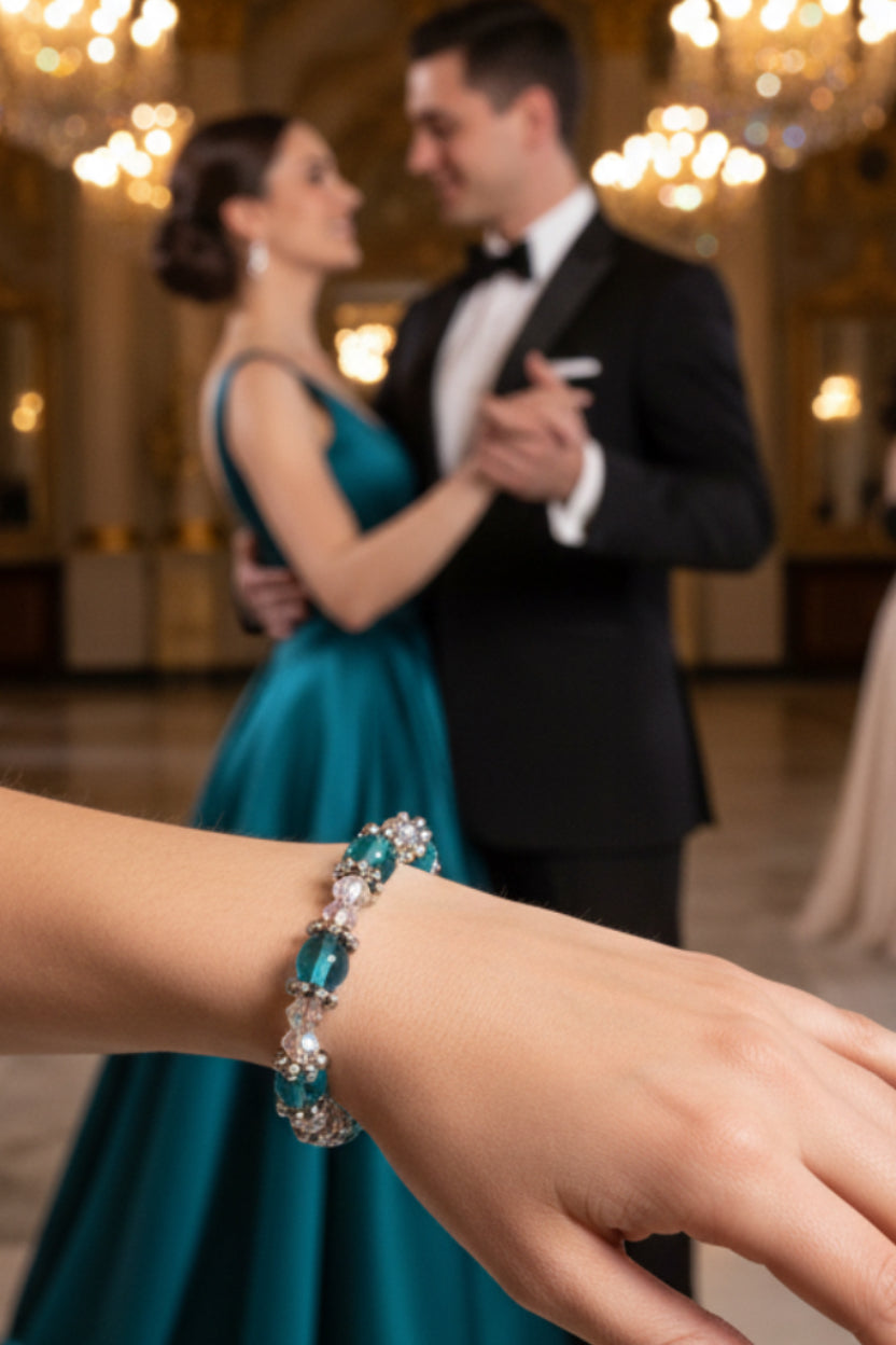 Light Blue Glass Bead Bracelet with Crystal Diamond & Silver Flower Spacers
