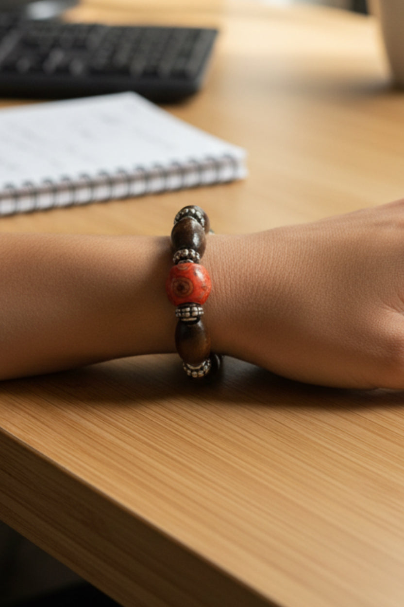 Dark Brown & Red Wood Bead Slip-On Bracelet
