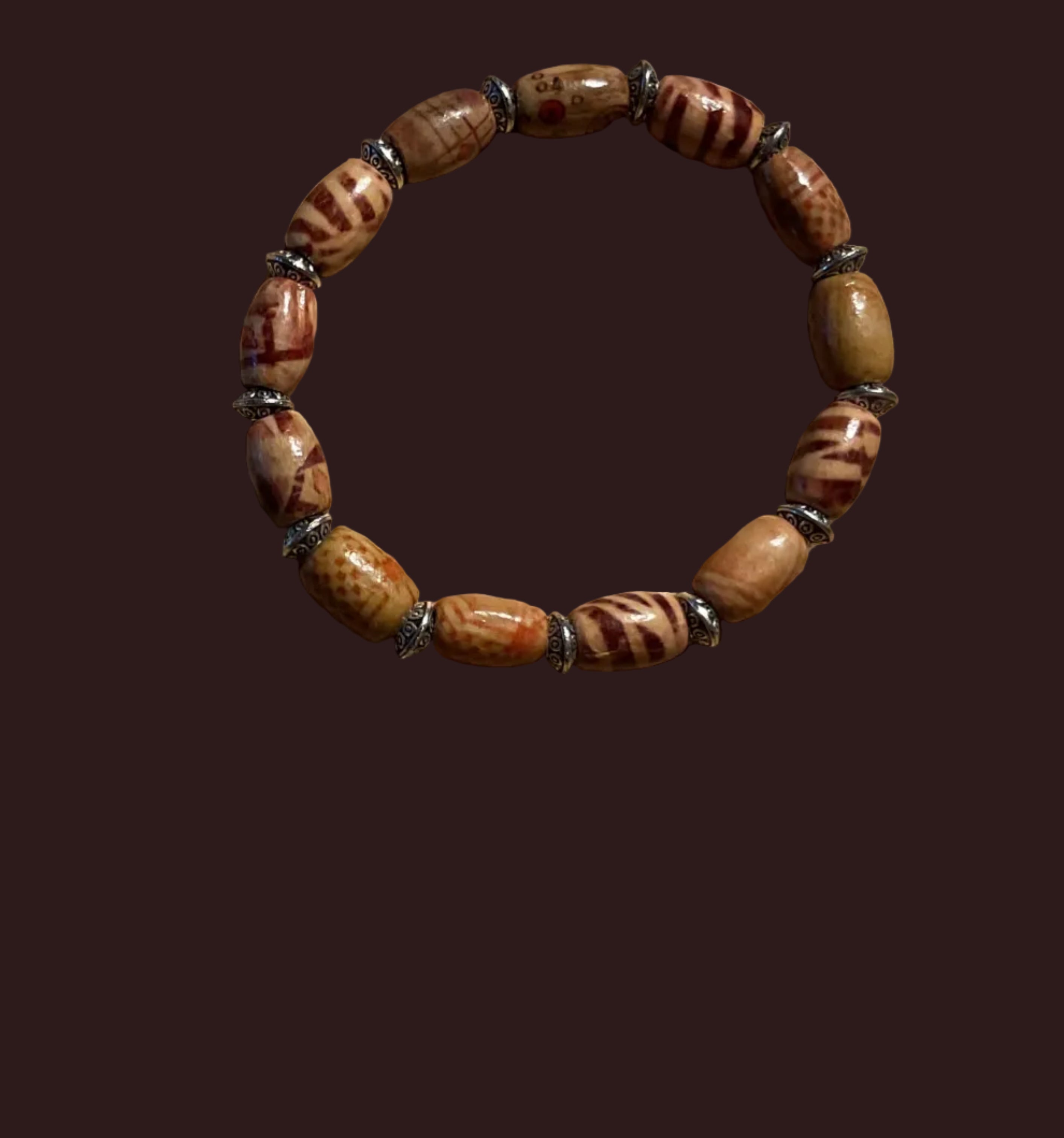Two-Tone Light Brown Wood & Silver Beaded Bracelet