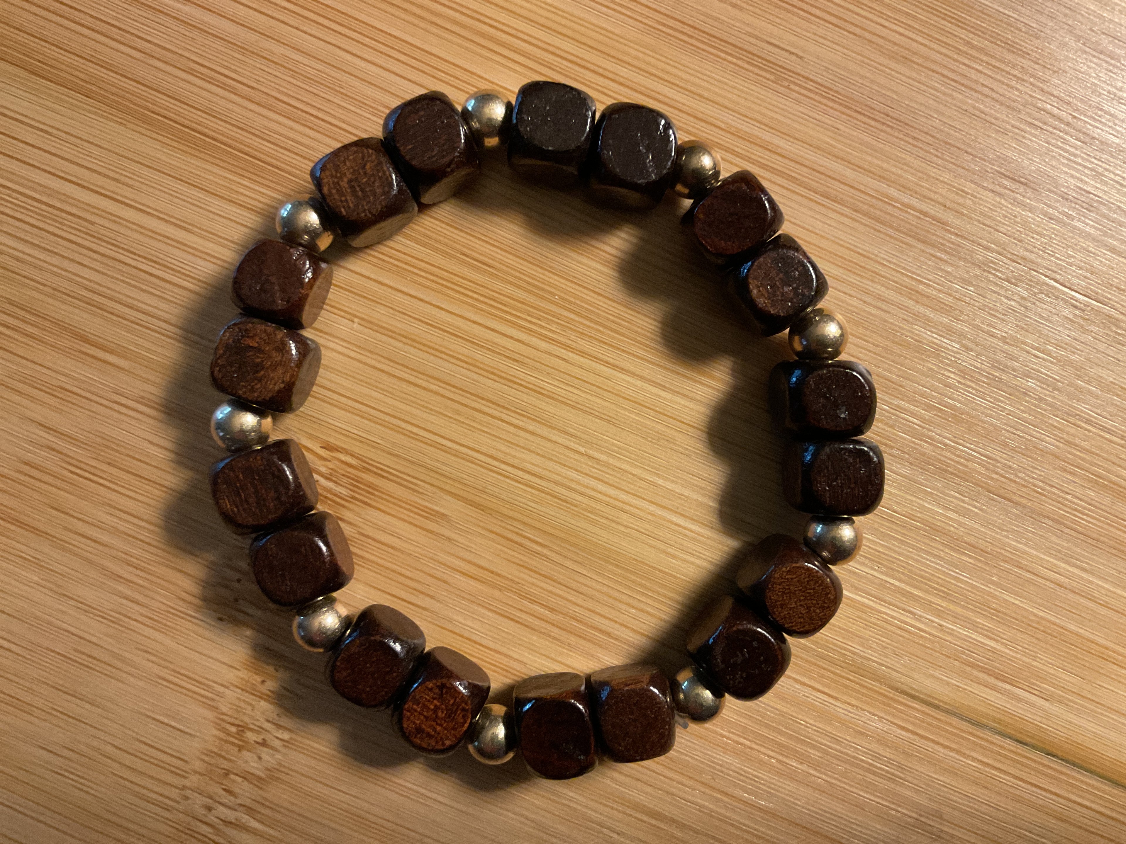 Dark Brown Square Wood Bead Bracelet with Gold Spacers – Small