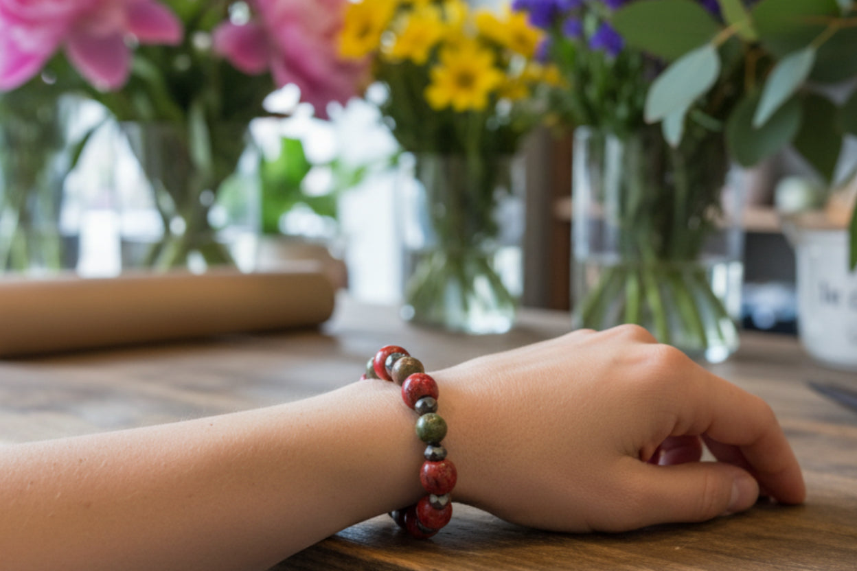 Red Wood & Glass Bead Stretch Bracelet