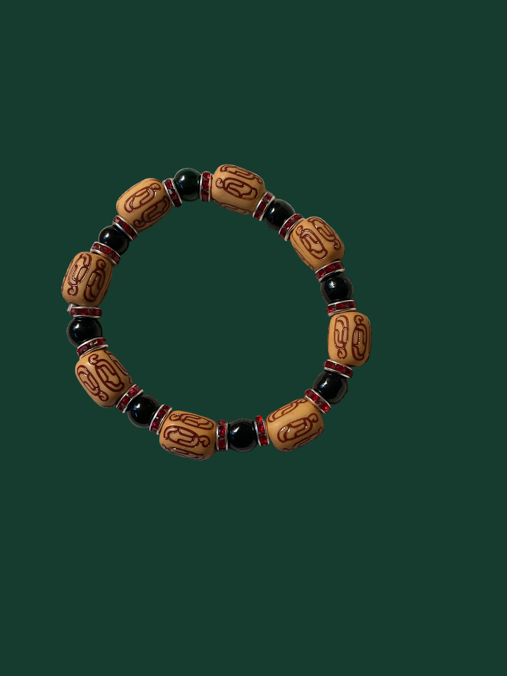 Light Brown Wood & Black Glass Bead Bracelet with Crystal Accent Spacers