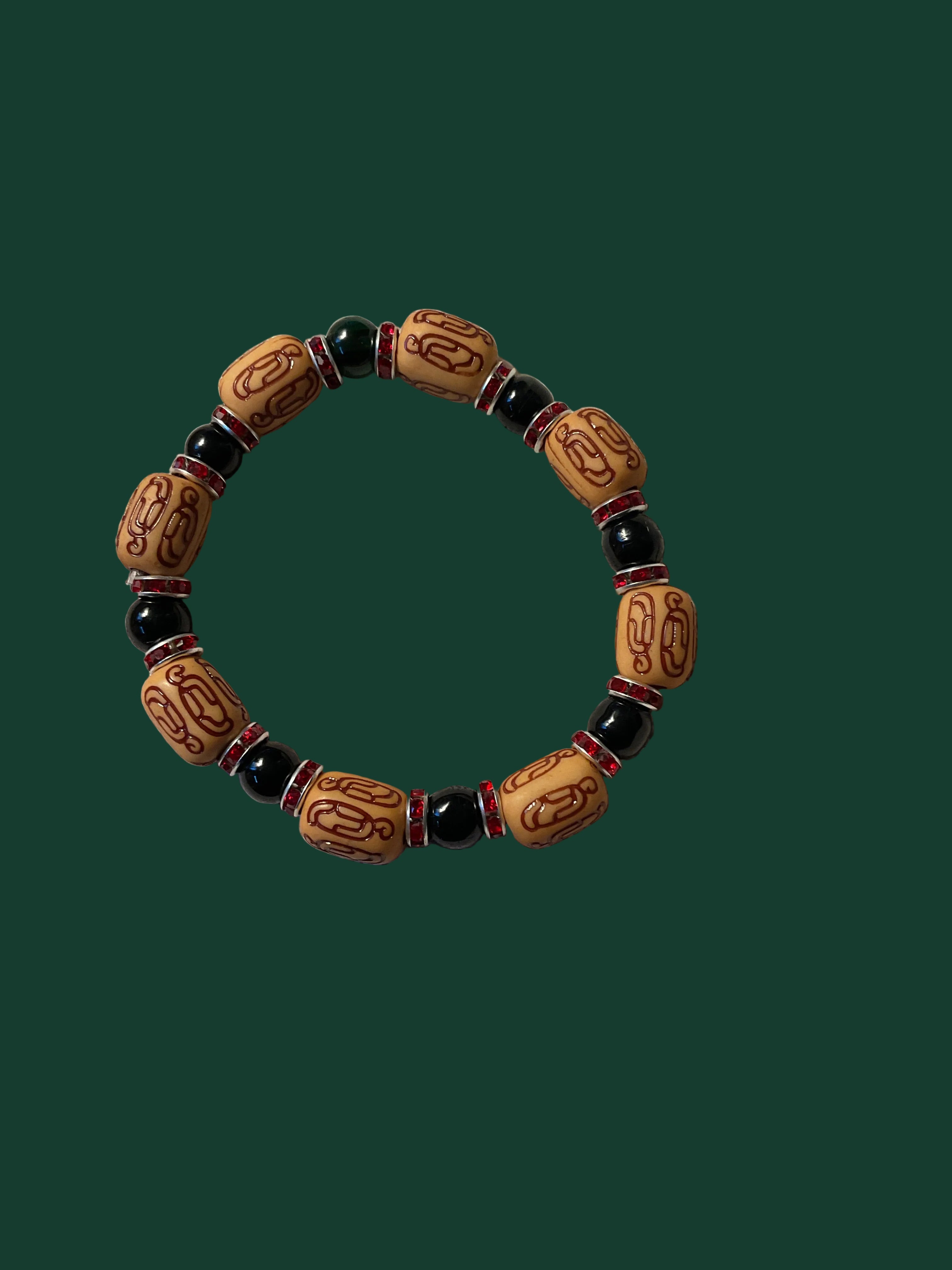 Light Brown Wood & Black Glass Bead Bracelet with Crystal Accent Spacers