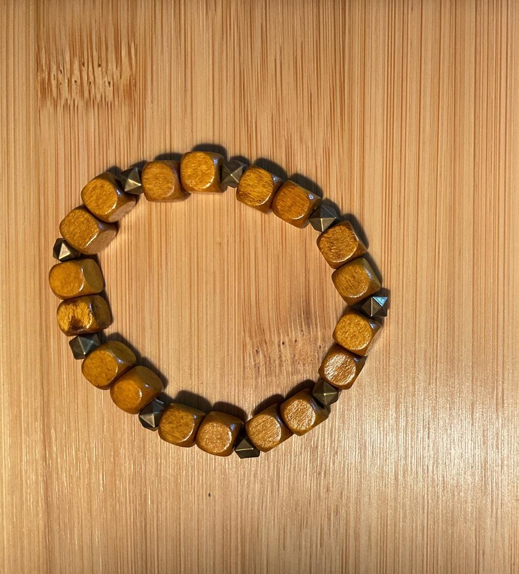 Light Brown Square Wood Bead & Bronze Spacer Bracelet
