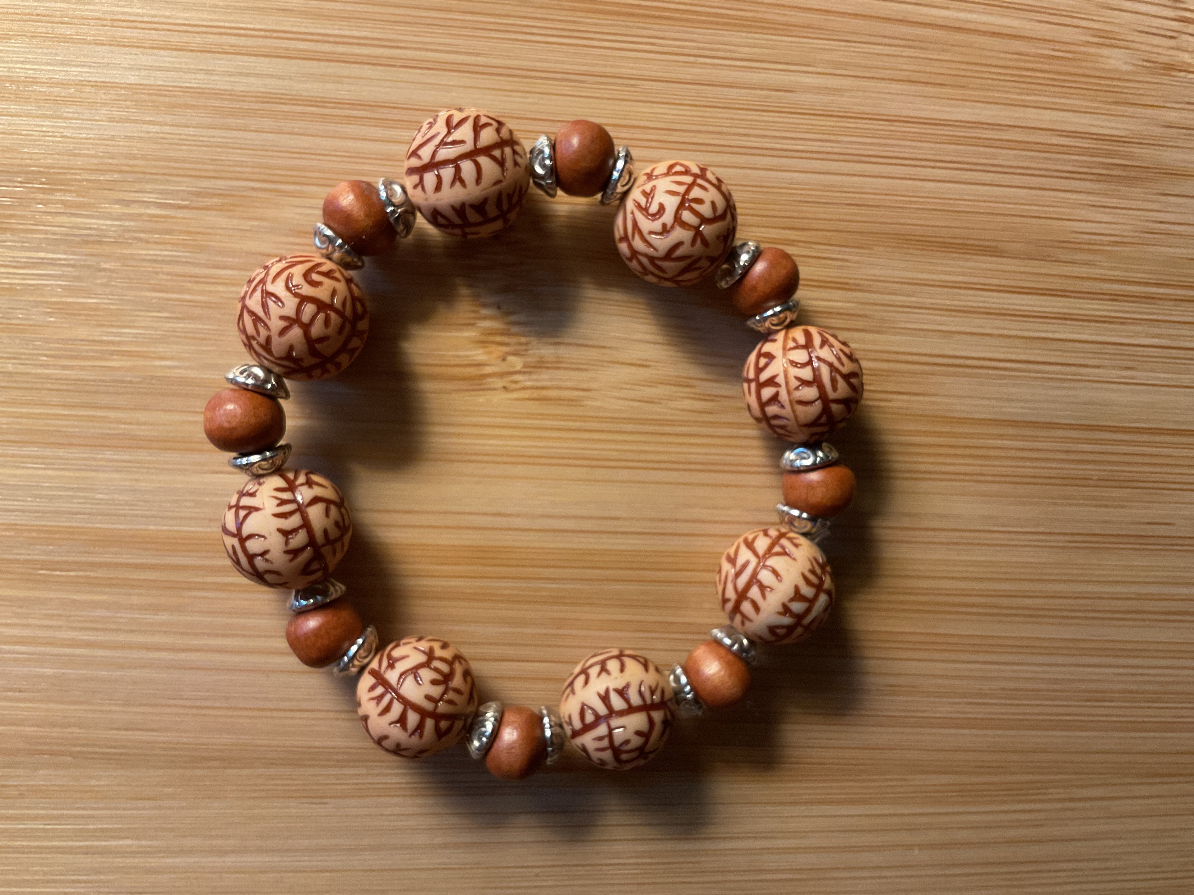 Round Wood Bead Bracelet – Light Brown & Tan with Silver Spacers