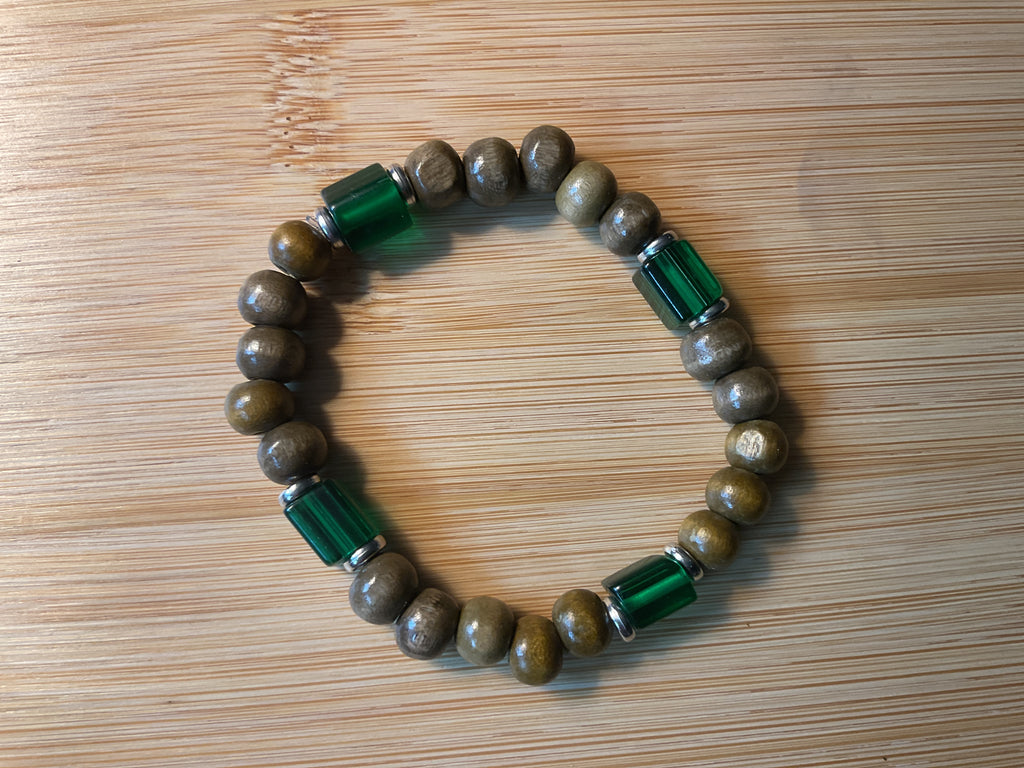 Pea Green Wood & Green Glass Beads Bracelet with Silver Spacers