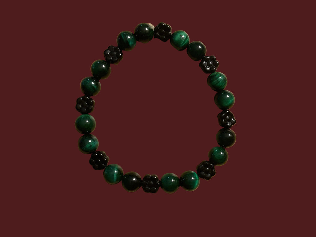 Green Tiger Eye & Black Flower Bead Bracelet