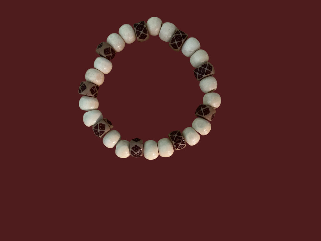Off White Round Glass Bead Bracelet with Brown Stone Spacers
