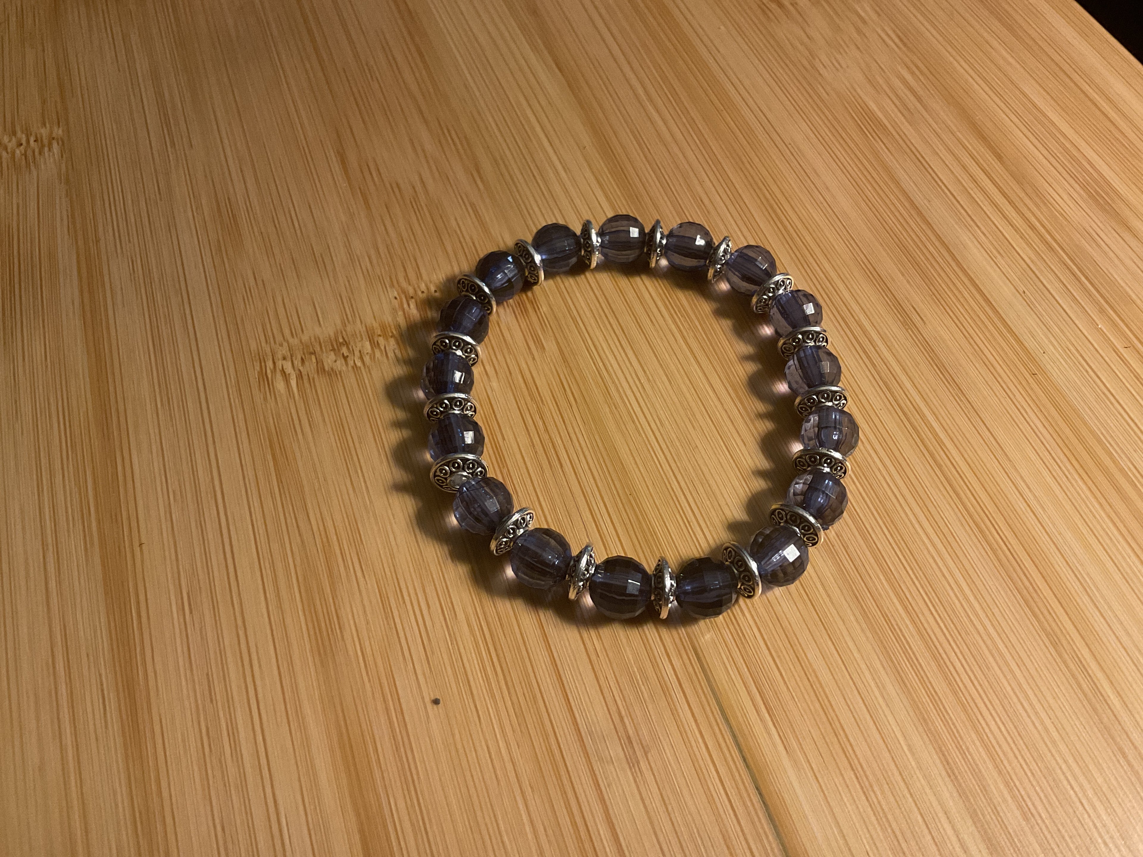 Bluish Gray Round Glass Beads & Silver Disc Bracelet