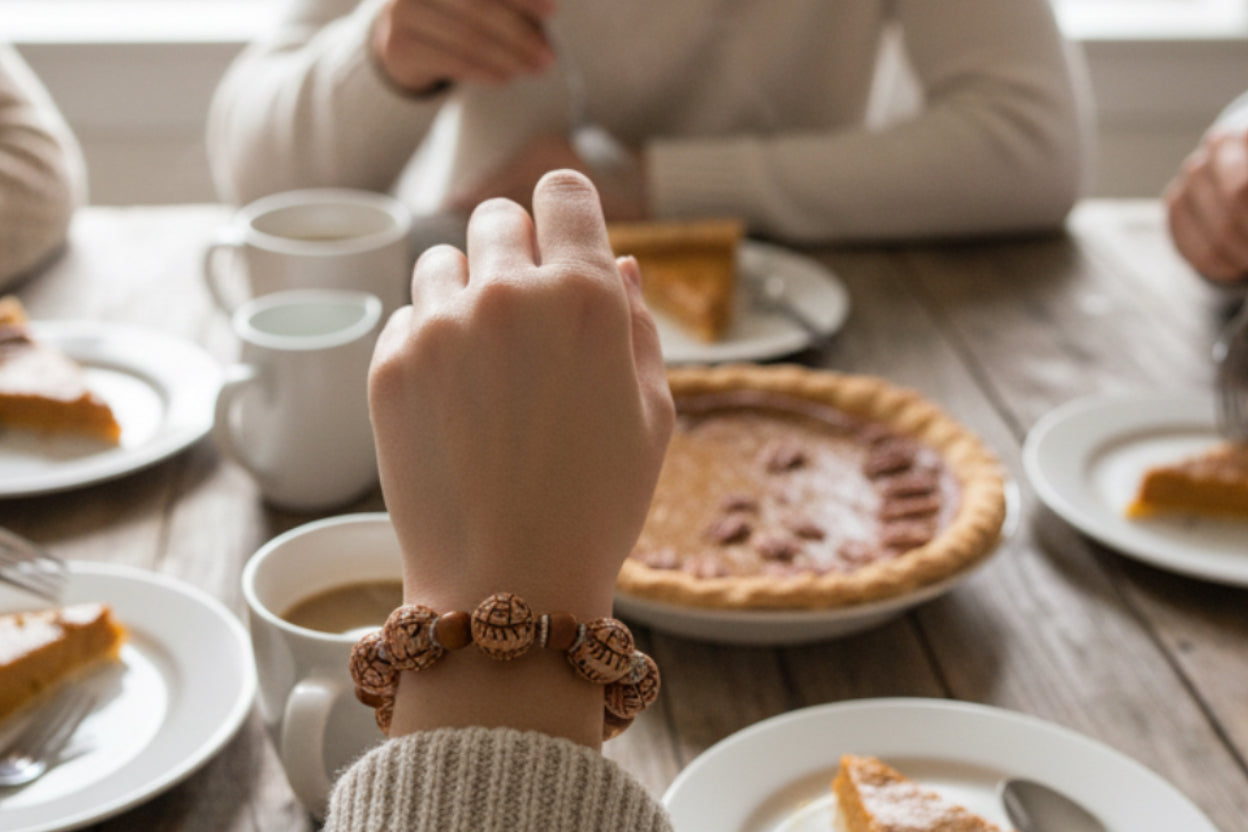 Round Wood Bead Bracelet – Light Brown & Tan with Silver Spacers