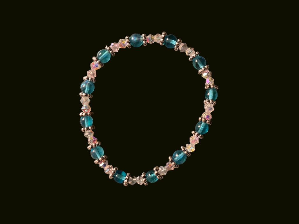 Light Blue Glass Bead Bracelet with Crystal Diamond & Silver Flower Spacers