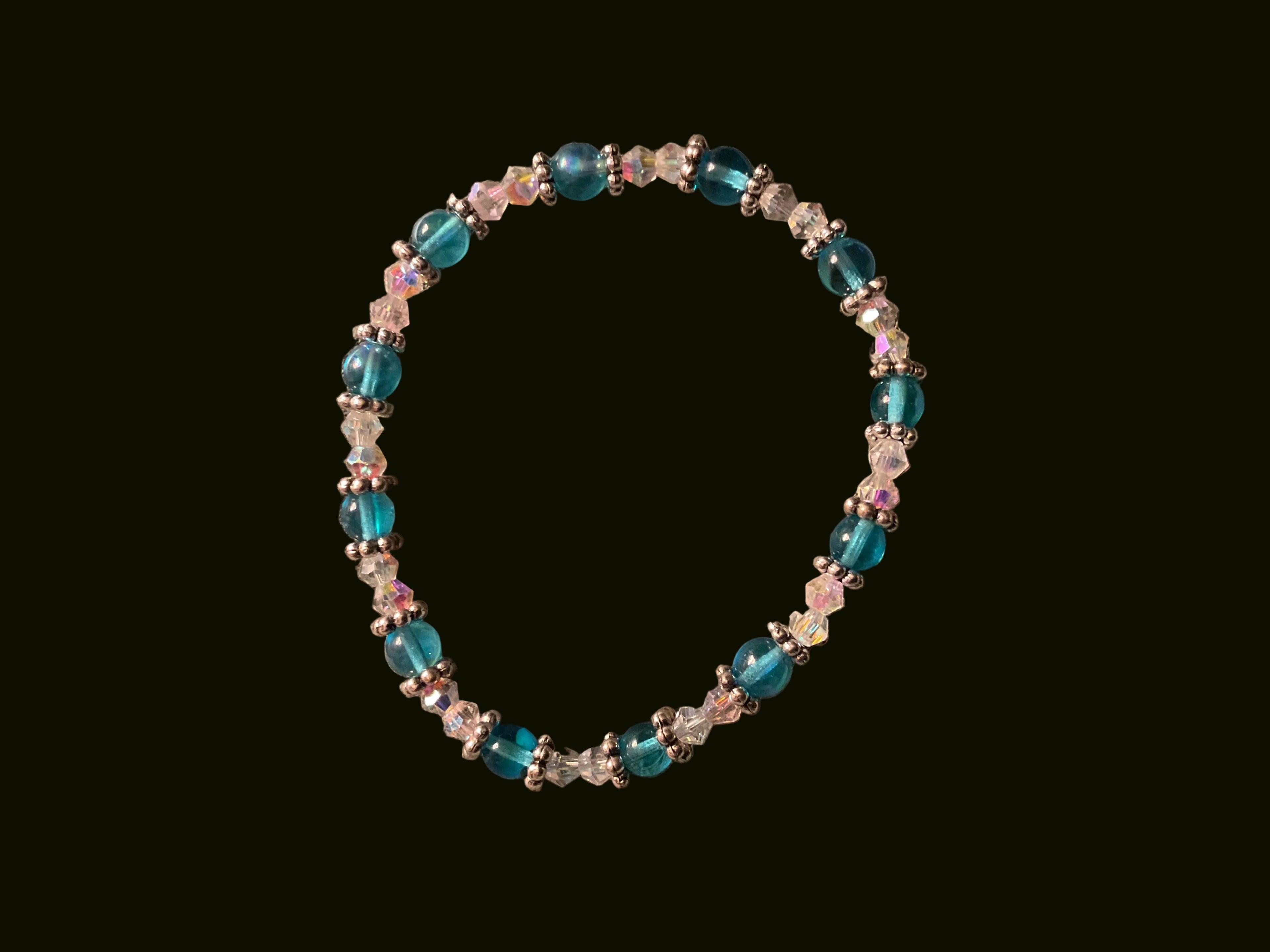 Light Blue Glass Bead Bracelet with Crystal Diamond & Silver Flower Spacers