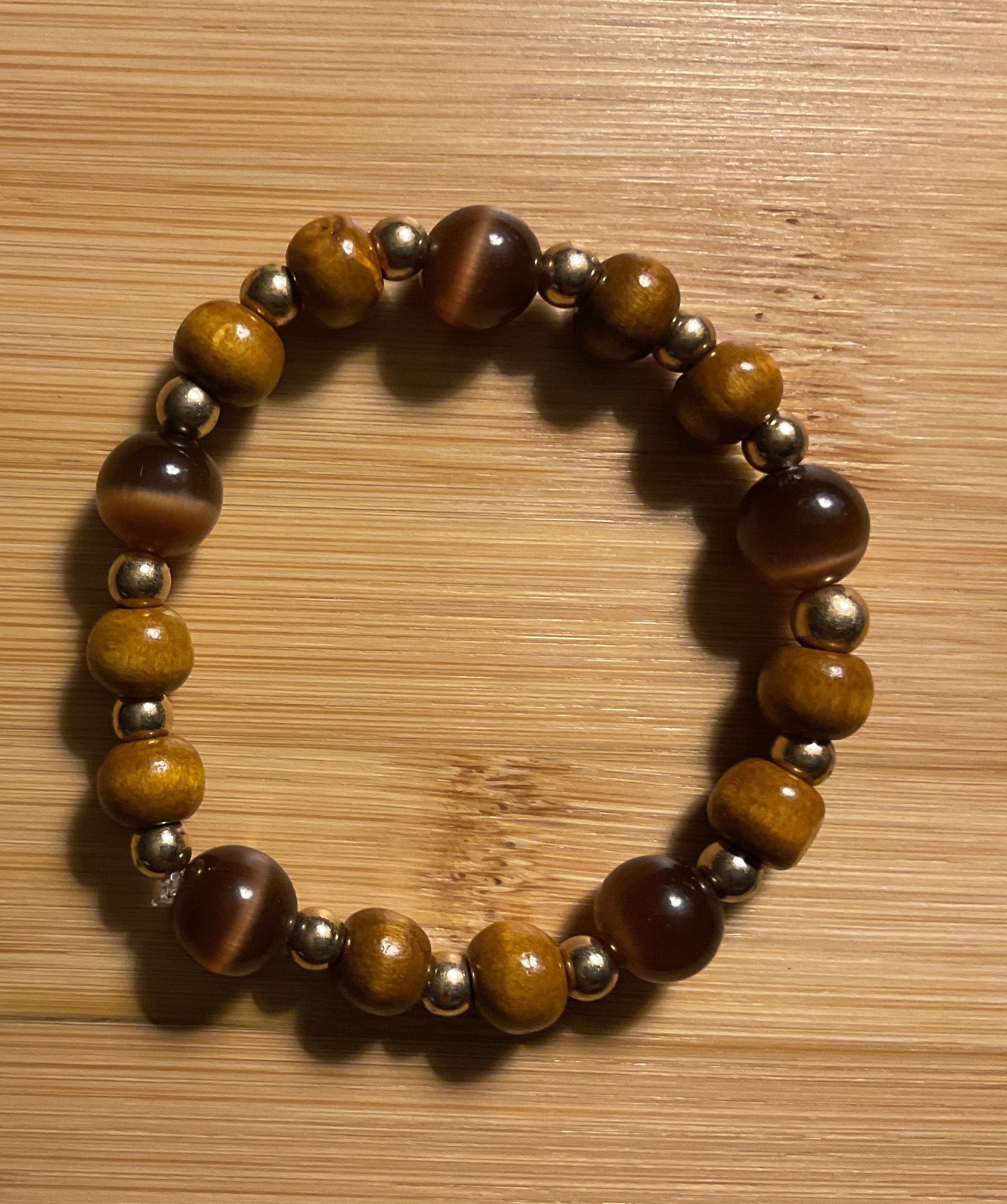 Tiger Eye & Wood Bead Bracelet with Gold Spacers