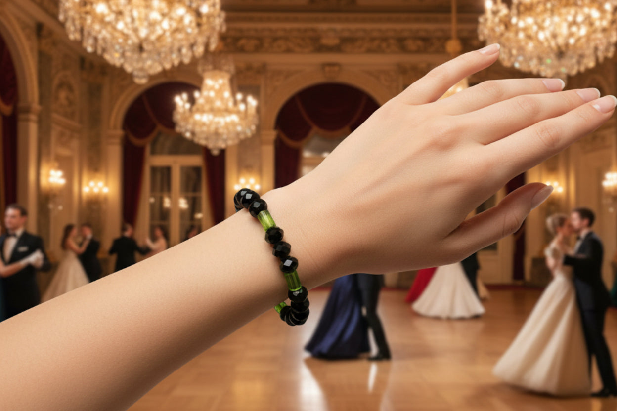 Black Crystal & Light Green Glass Bead Bracelet