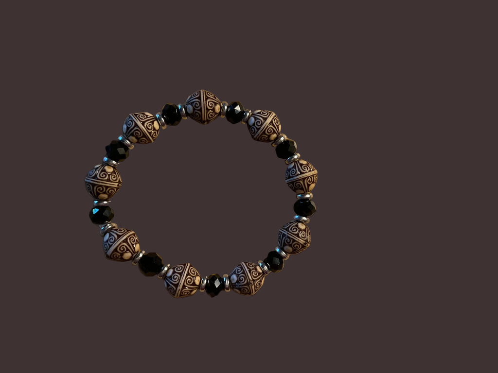 Two-Tone Wood & Crystal Beaded Bracelet