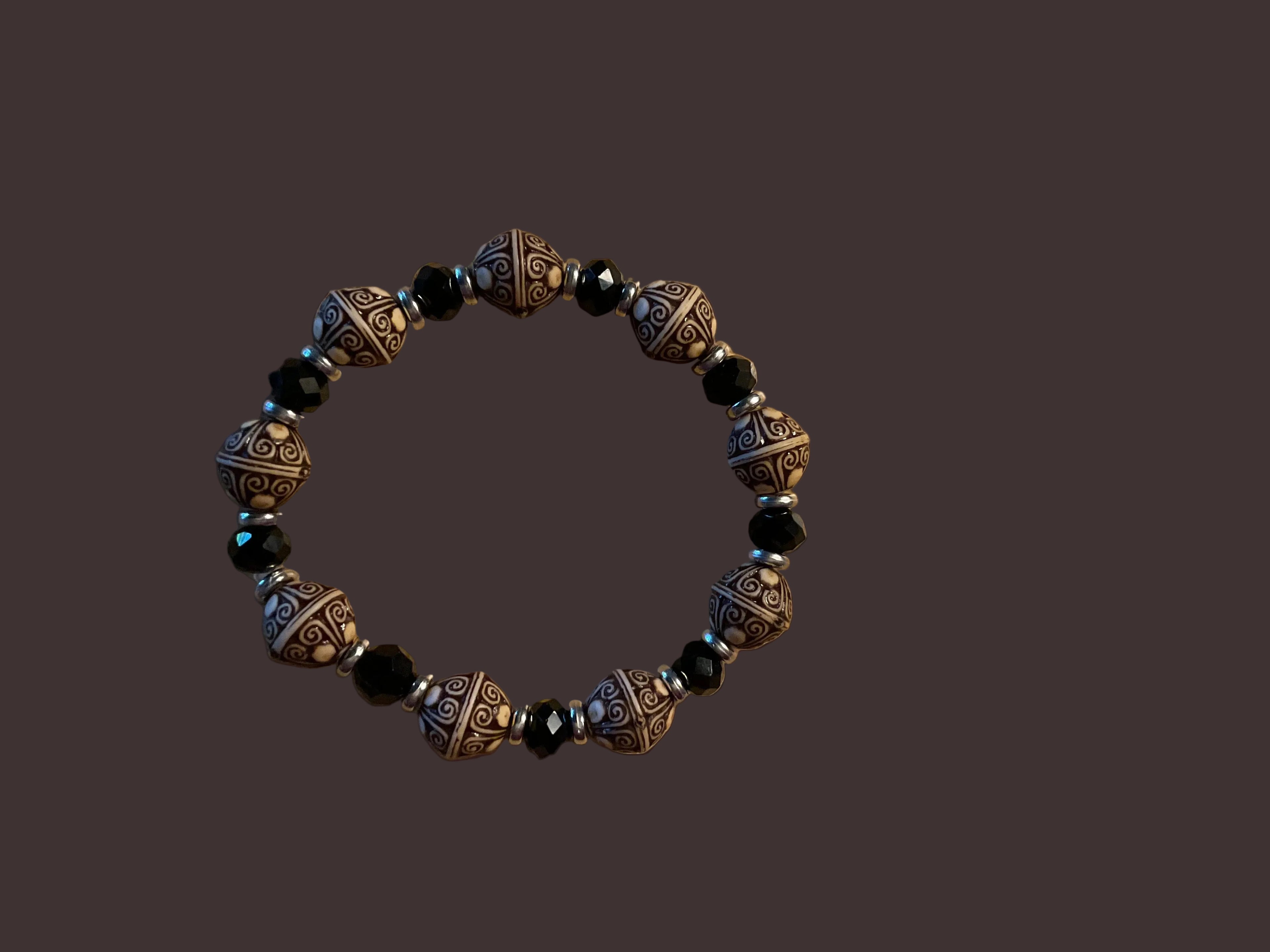 Two-Tone Wood & Crystal Beaded Bracelet