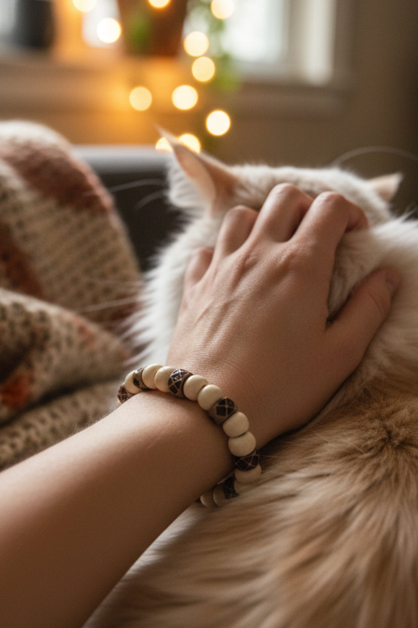 Off White Round Glass Bead Bracelet with Brown Stone Spacers