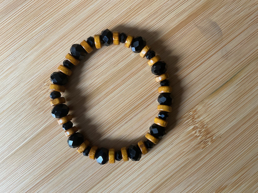 Black Crystal Glass & Wood Bead Bracelet