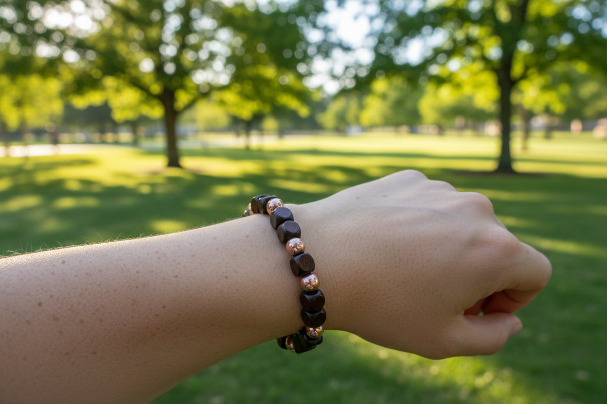 Dark Brown Square Wood & Brass Bead Slip-On Bracelet