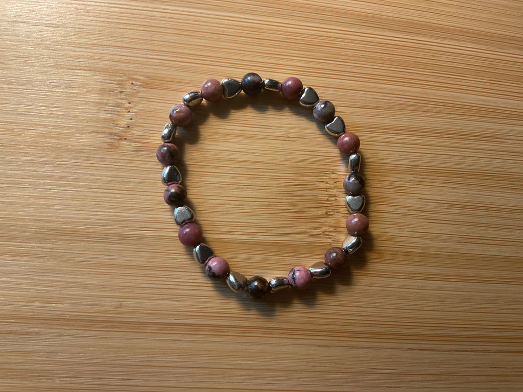 Pink Black Brown Glass Bead Bracelet with Silver Heart Charms